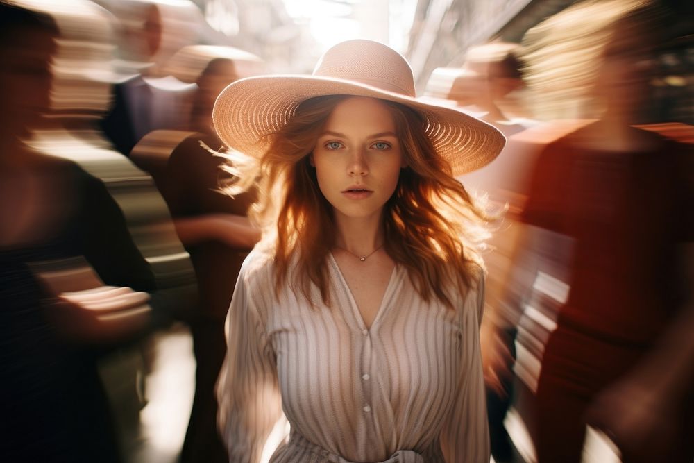 Woman standing and surrounded by people walking photography portrait adult. AI generated Image by rawpixel.