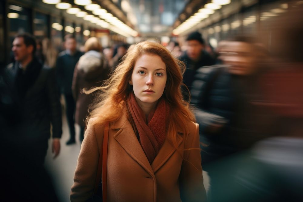 Woman standing and surrounded by people walking photography portrait motion. AI generated Image by rawpixel.