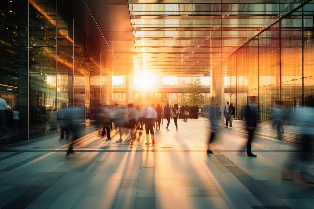 Blurred people walking in front of bulding motion sunset city. AI generated Image by rawpixel.