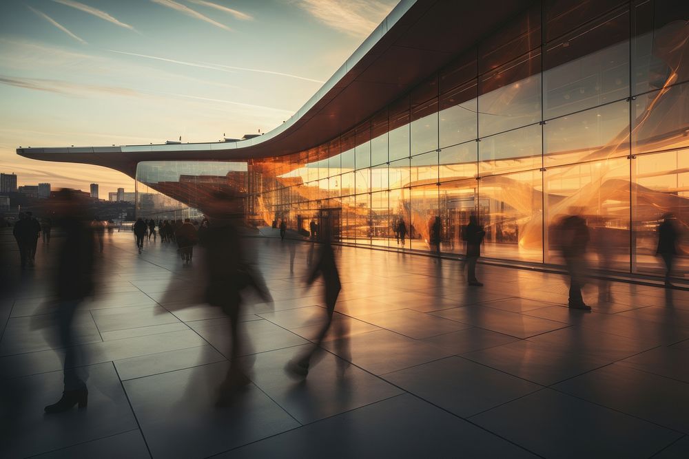 Blurred people walking in front of bulding architecture building airport. AI generated Image by rawpixel.