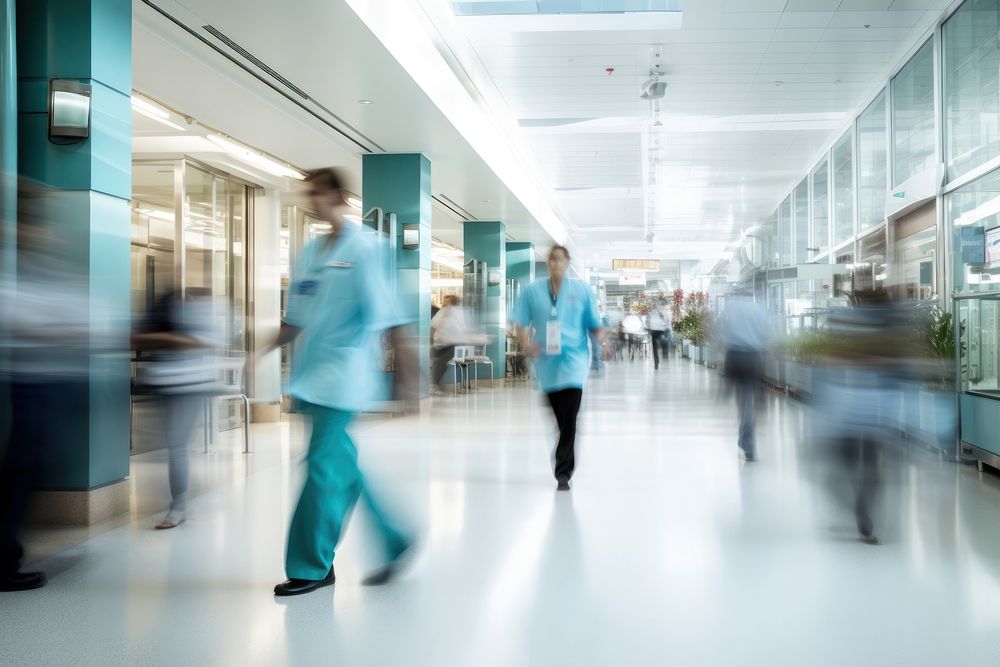 Medical officers walking in hospital hallway architecture building motion. AI generated Image by rawpixel.