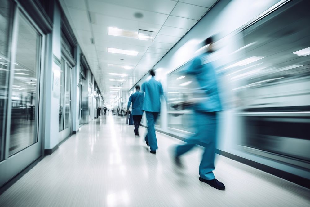 Medical officers walking in hospital hallway motion adult transportation. AI generated Image by rawpixel.