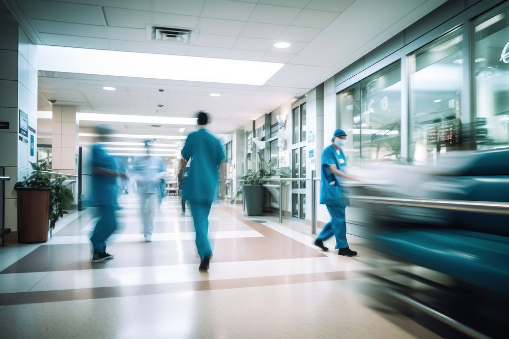 Medical officers walking in hospital hallway architecture motion corridor. AI generated Image by rawpixel.