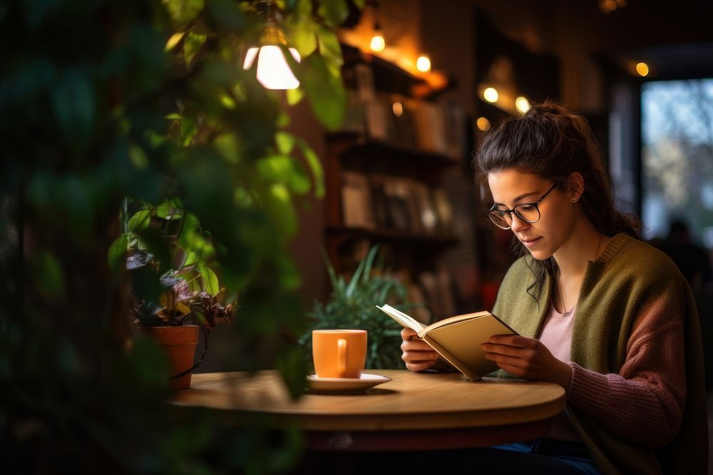 Person engrossed in a book at a quaint cafe table relaxation lighting reading. AI generated Image by rawpixel.