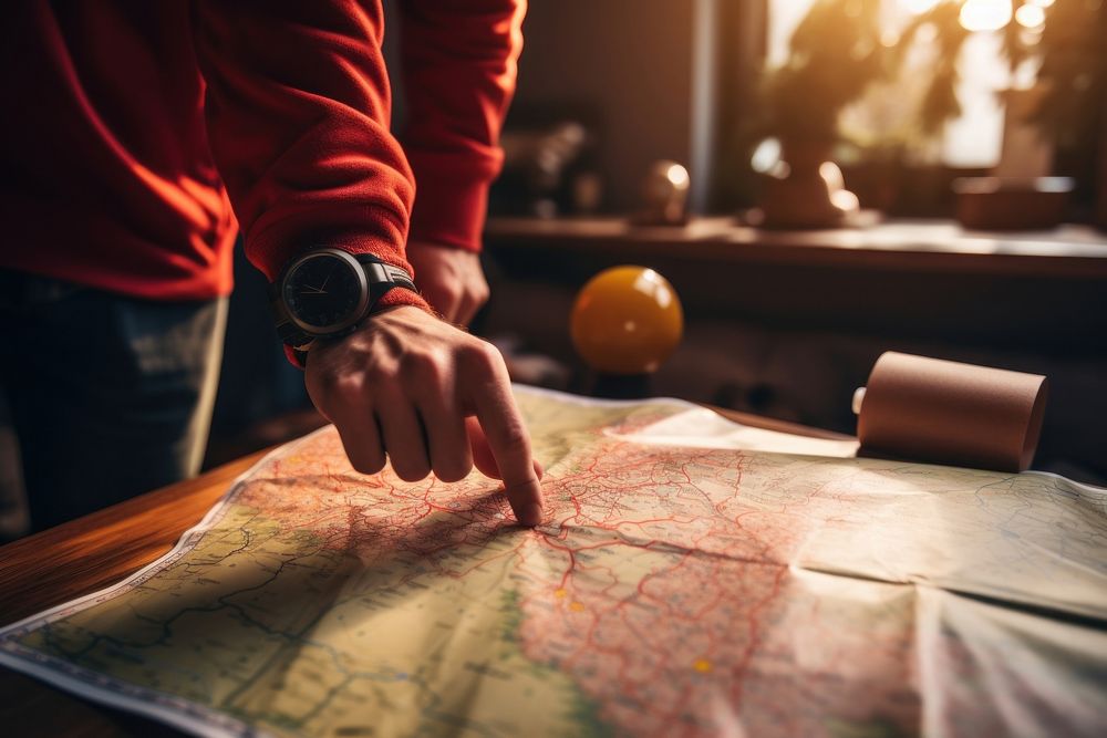 Man pointing his finger into paper map travel hand exploration. AI generated Image by rawpixel.