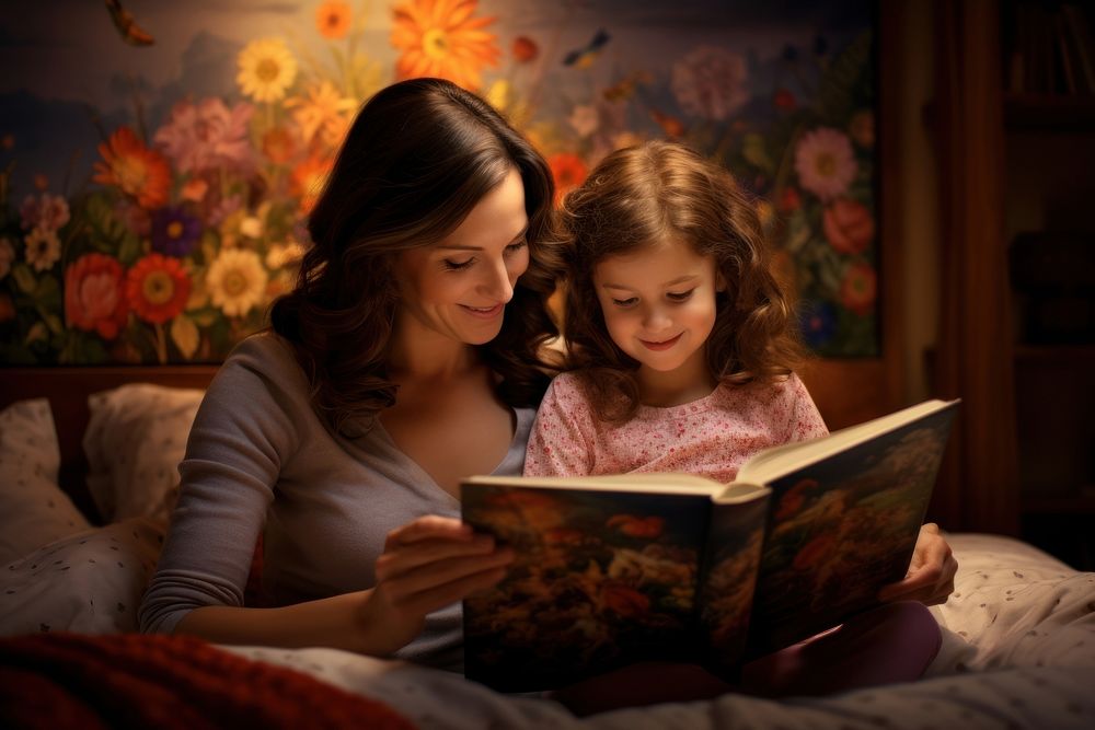 Mom reading story for her daughter in kids bedroom publication furniture adult. AI generated Image by rawpixel.