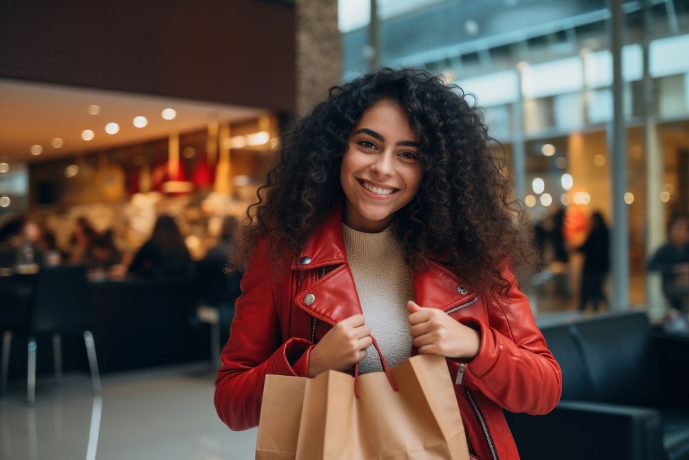 Happy chubby latina in shopping mall holding smile adult. AI generated Image by rawpixel.