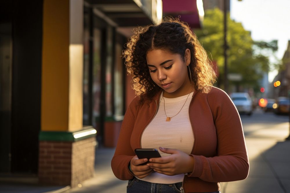 Homely chubby latina texting smartphone transportation architecture portability. AI generated Image by rawpixel.