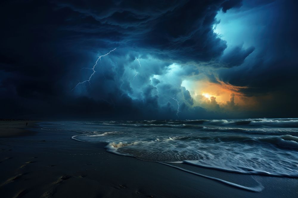 Stormy beach thunderstorm lightning outdoors. AI generated Image by rawpixel.