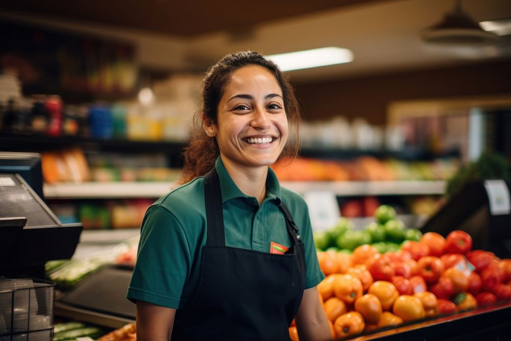 Smiling latino cashier in supermarket entrepreneur consumerism greengrocer. AI generated Image by rawpixel.