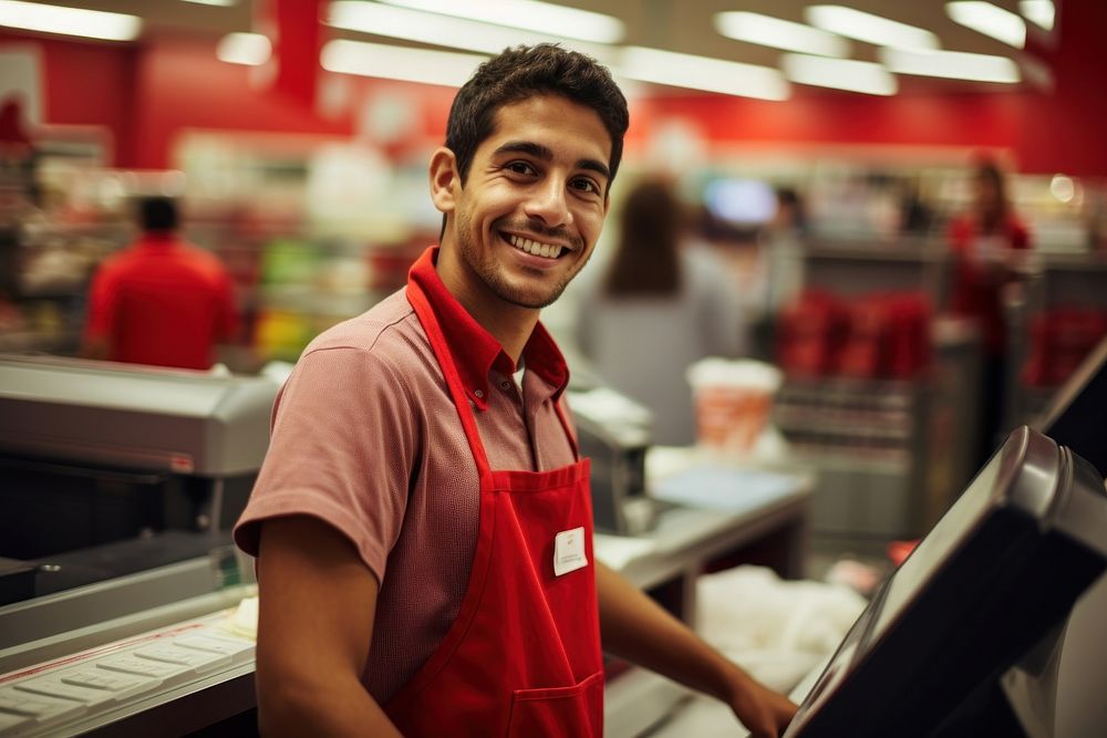 Smiling latino cashier in supermarket adult entrepreneur happiness. AI generated Image by rawpixel.