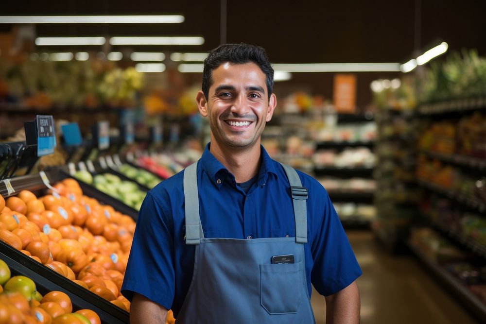 Smiling latino cashier in supermarket adult entrepreneur consumerism. AI generated Image by rawpixel.