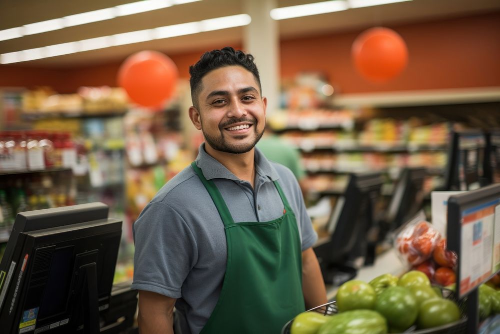 Smiling latino cashier in supermarket adult entrepreneur consumerism. AI generated Image by rawpixel.