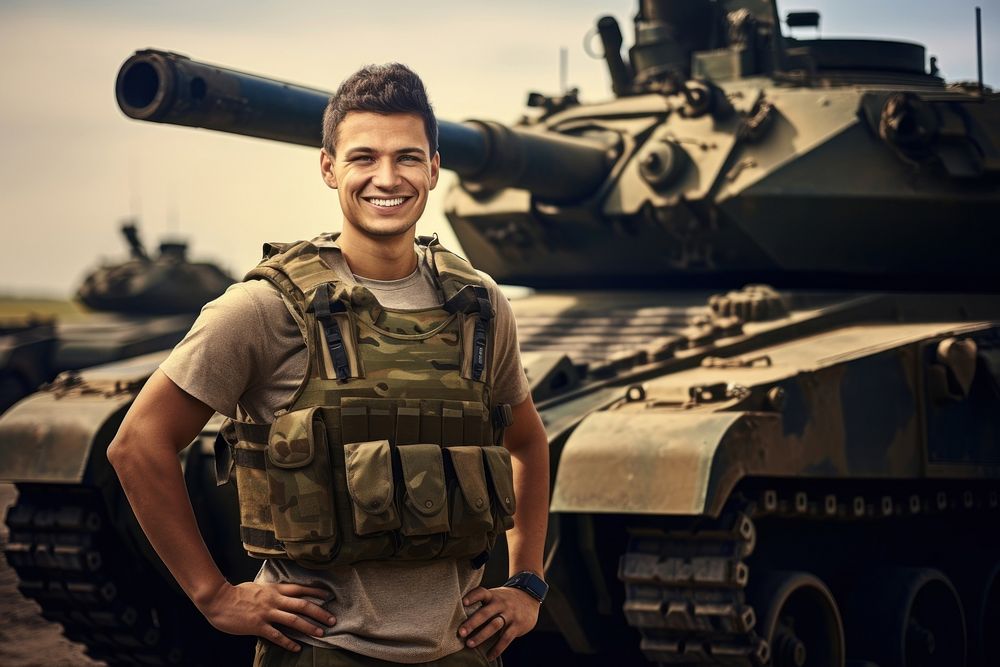 Smiling white male soldier standing against a tank military adult happiness. AI generated Image by rawpixel.