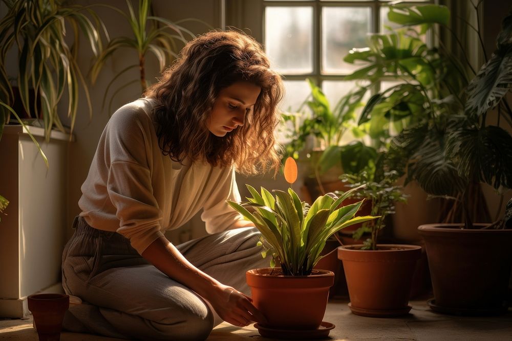 Woman plant houseplant sitting. AI generated Image by rawpixel.