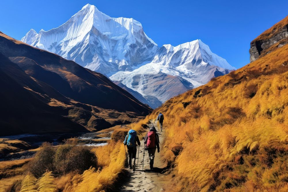 Annapurna Base Camp Trek backpacking mountaineering togetherness. AI generated Image by rawpixel.