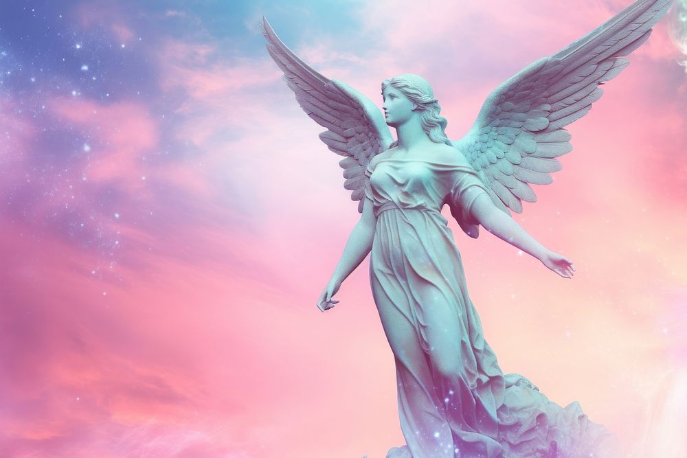 Angel statue against a pastel galaxy sky representation spirituality architecture. AI generated Image by rawpixel.