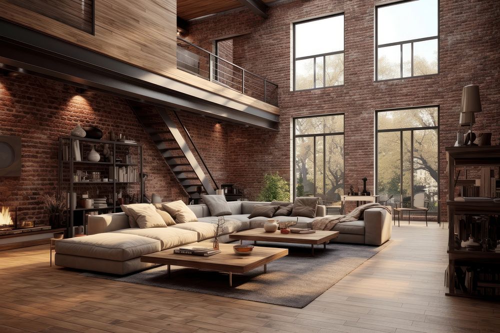 Brick interior loft architecture furniture. AI generated Image by rawpixel.