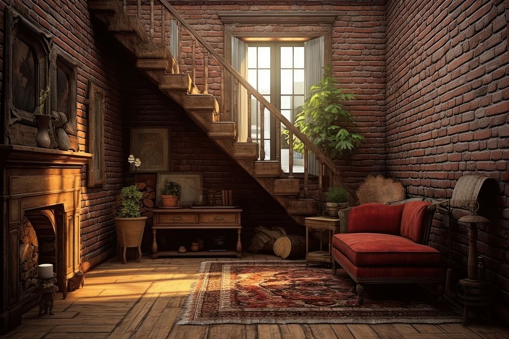Brick interior architecture furniture fireplace. AI generated Image by rawpixel.