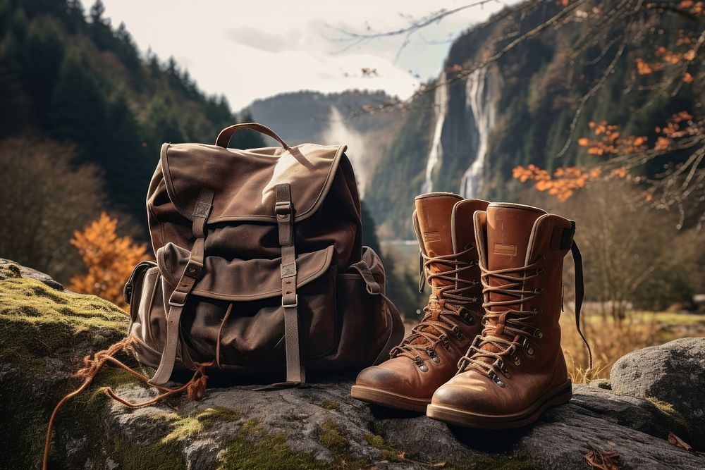 Camping bag with boots rock landscape adventure. AI generated Image by rawpixel.