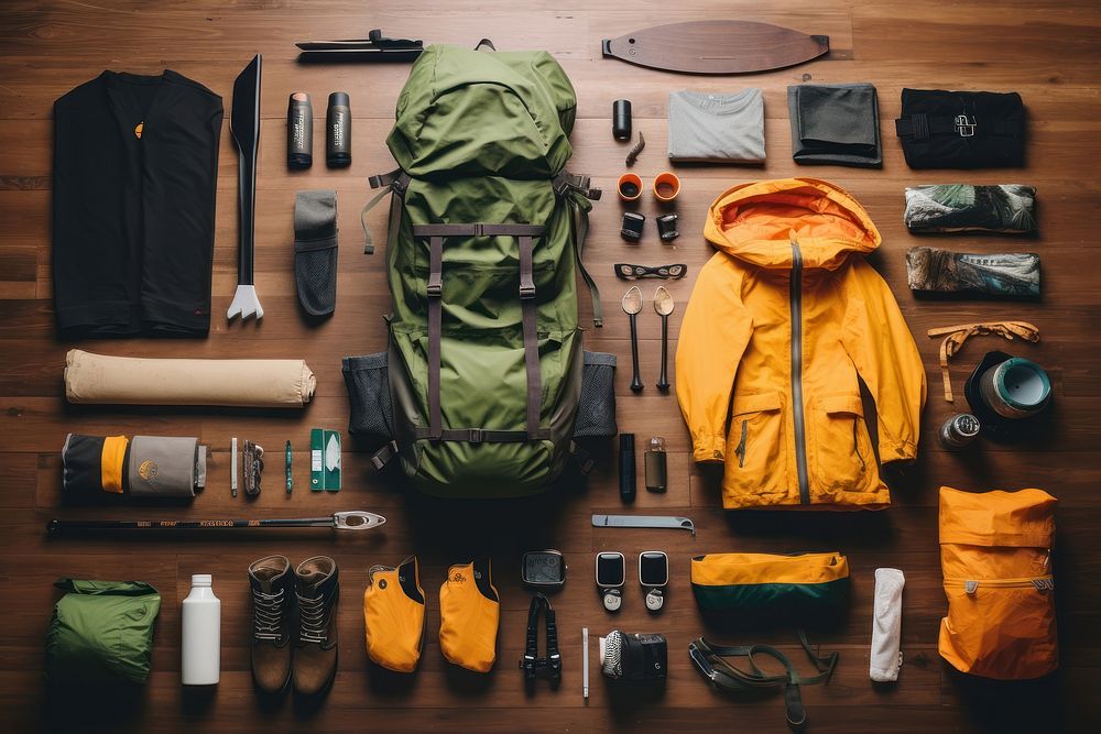 Camping packing flatlay backpack organization recreation. AI generated Image by rawpixel.