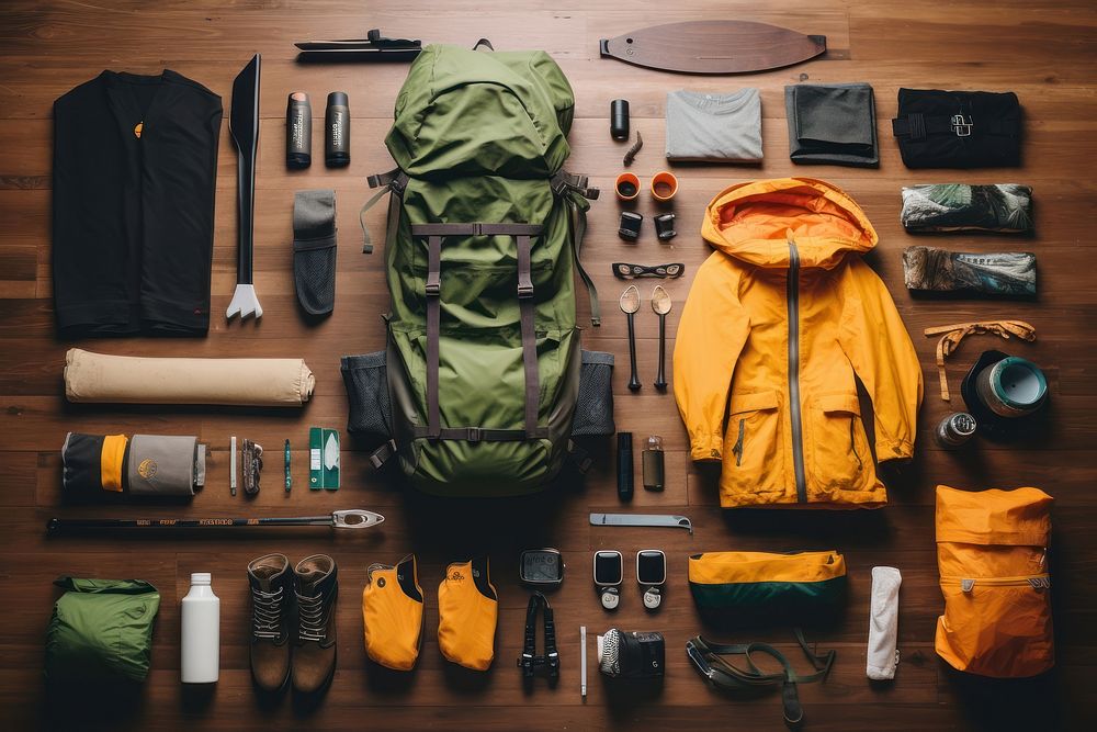 Camping packing flatlay backpack organization recreation. 