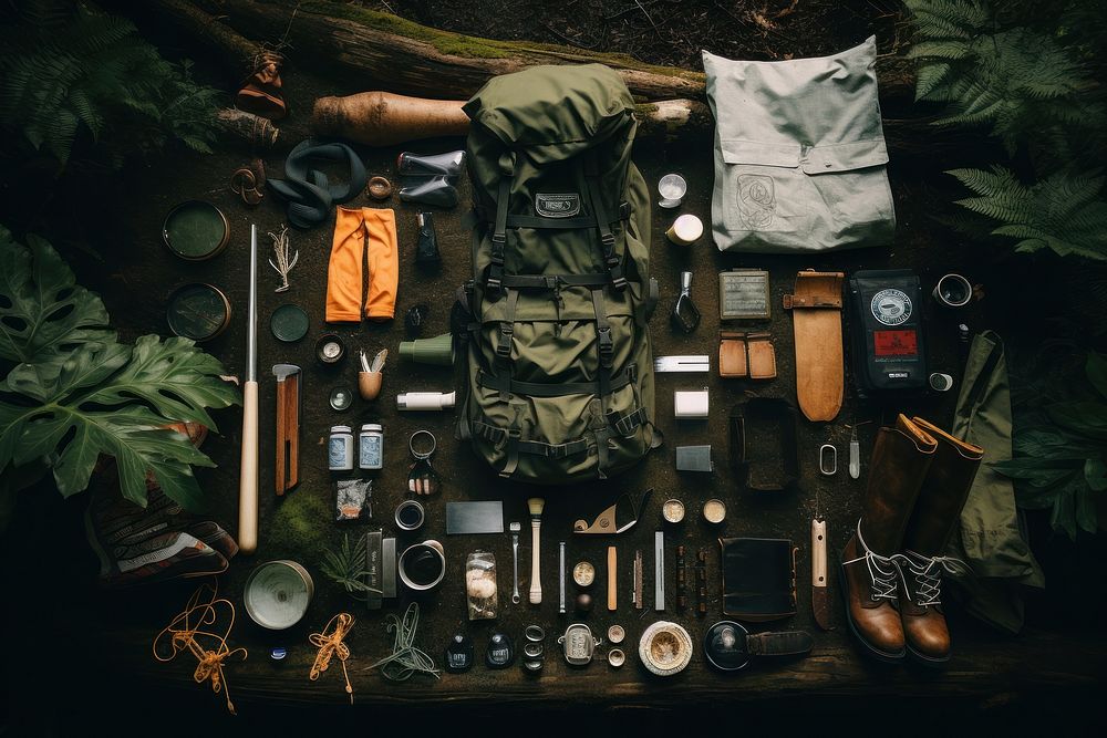 Camping packing flatlay organization variation outdoors. AI generated Image by rawpixel.