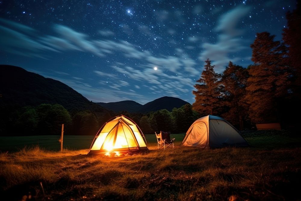 Camping tent outdoors nature night. AI generated Image by rawpixel.