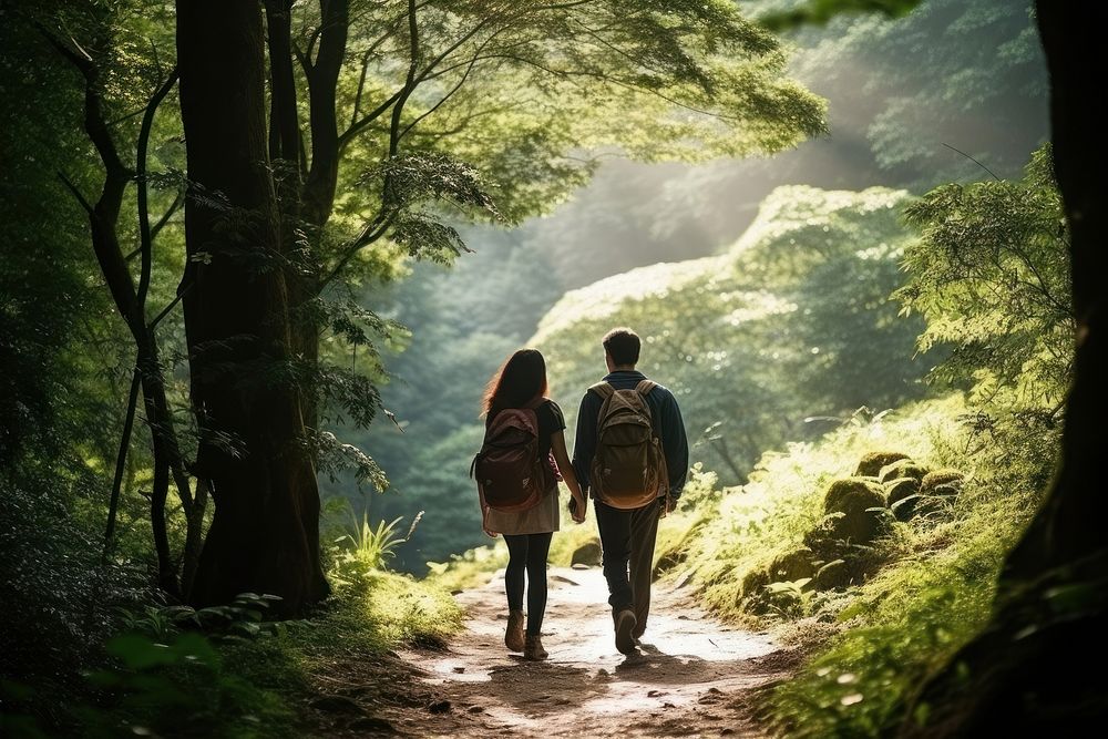 Couple dating adventure outdoors backpack. 