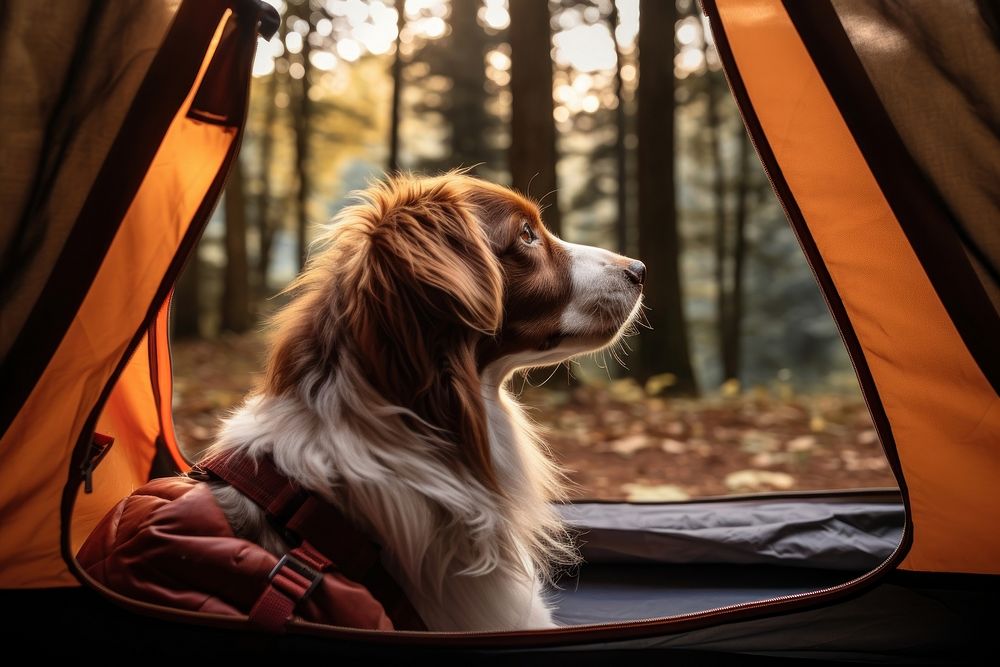 Dog in camping tent outdoors mammal animal. AI generated Image by rawpixel.