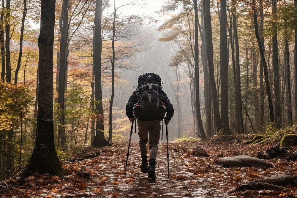 Handicapped man trekking backpack forest exploration. AI generated Image by rawpixel.