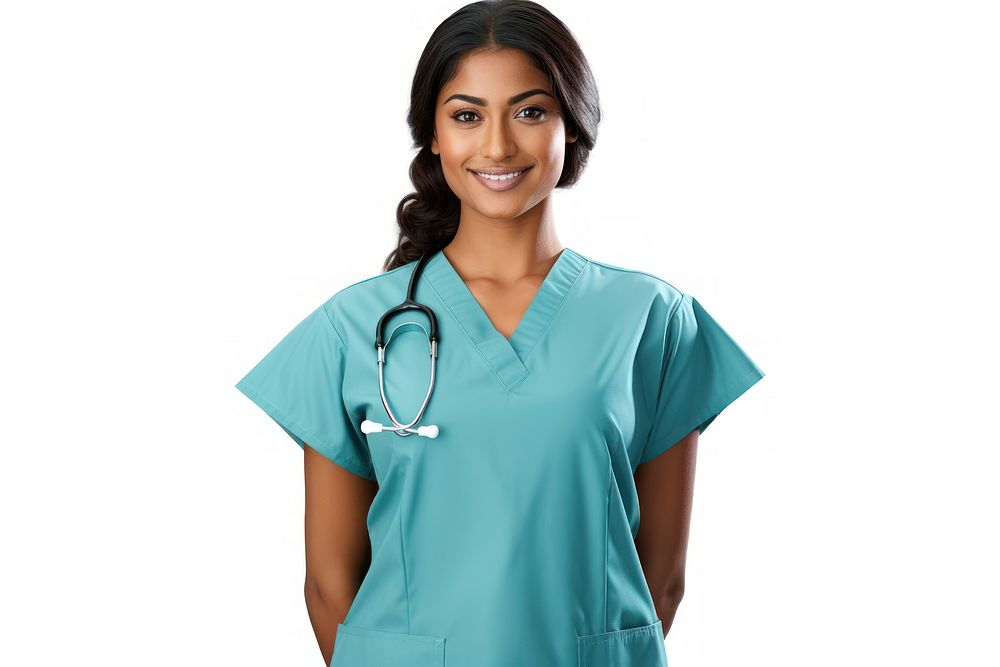 Female nurse white background stethoscope protection. 