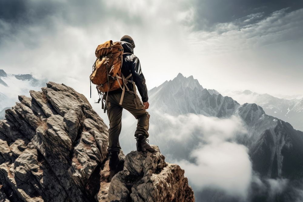 Mountain climbing backpacking recreation adventure. AI generated Image by rawpixel.