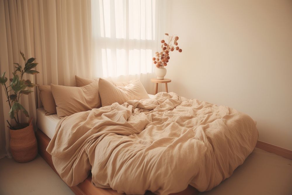 Minimal cozy bedroom furniture cushion blanket. AI generated Image by rawpixel.