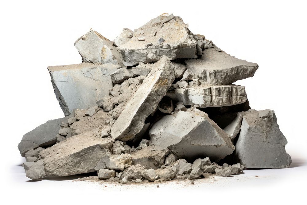 Pile of broken concrete rubble rock white background. AI generated Image by rawpixel.