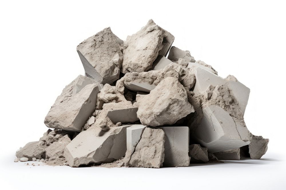 Pile of broken concrete rubble rock white background. AI generated Image by rawpixel.