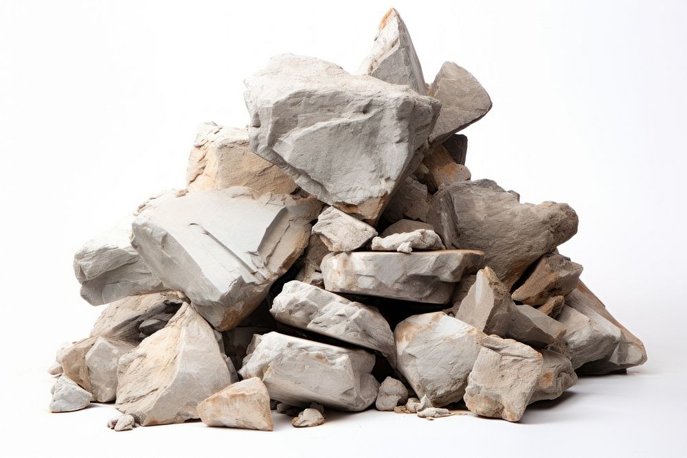 Pile of broken stone rubble rock white background. AI generated Image by rawpixel.