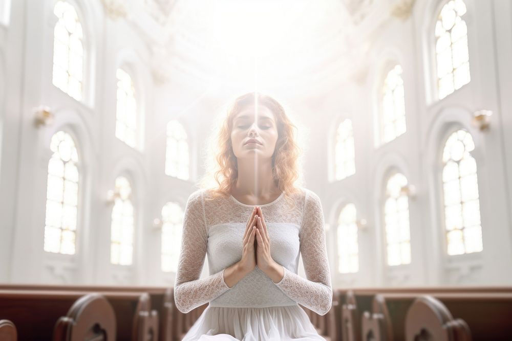 Praying in church adult white contemplation. AI generated Image by rawpixel.