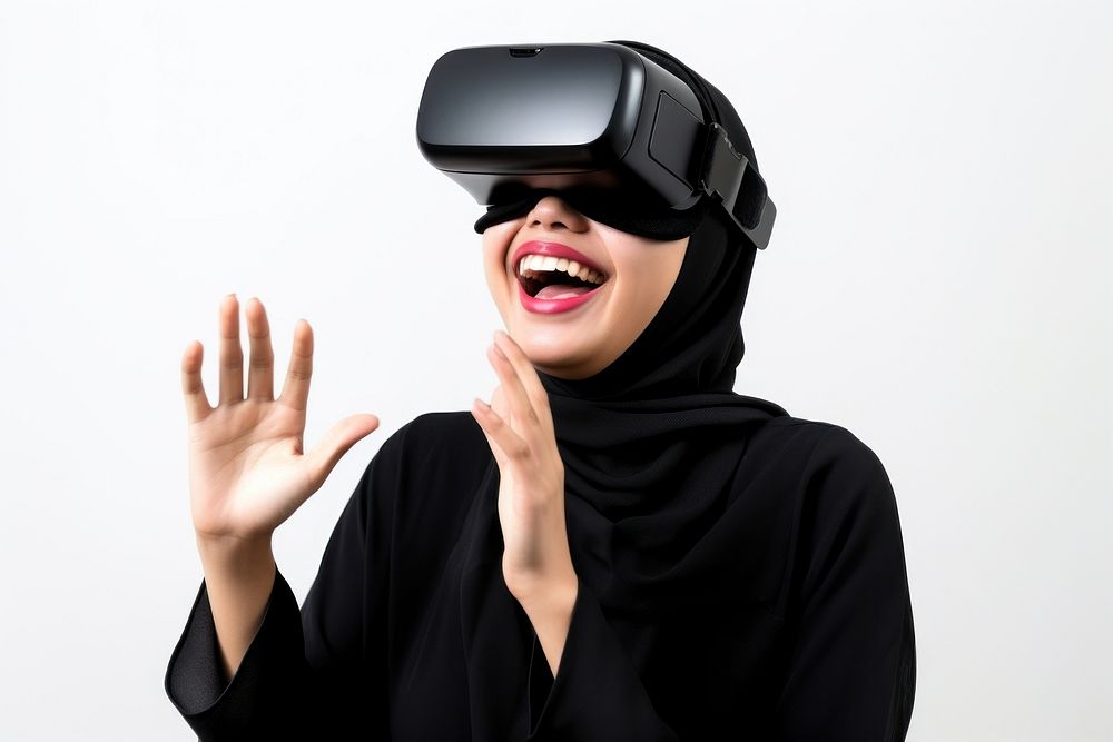 Woman experiencing VR portrait photo hand. AI generated Image by rawpixel.