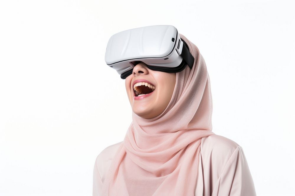 Woman experiencing VR portrait white background technology. AI generated Image by rawpixel.