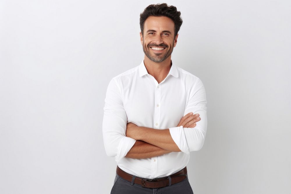 Man armcrossed portrait smiling shirt. AI generated Image by rawpixel.