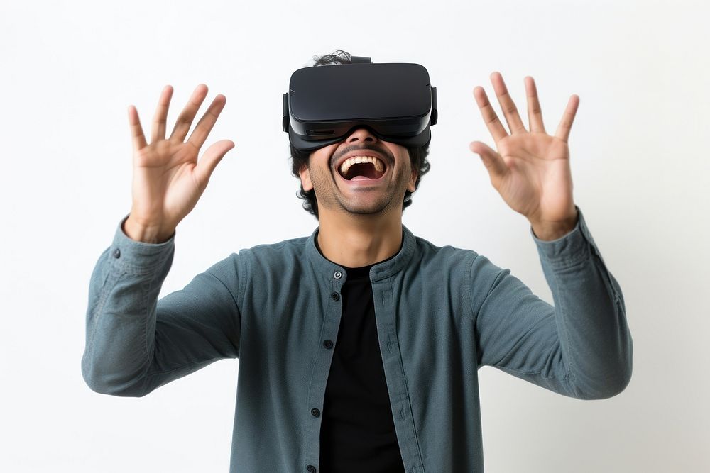 Man experiencing VR portrait smiling photo. AI generated Image by rawpixel.