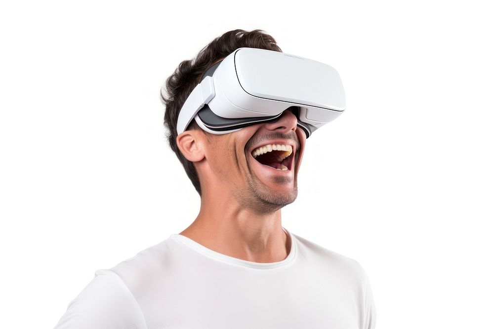 Man experiencing VR portrait smiling white background. AI generated Image by rawpixel.