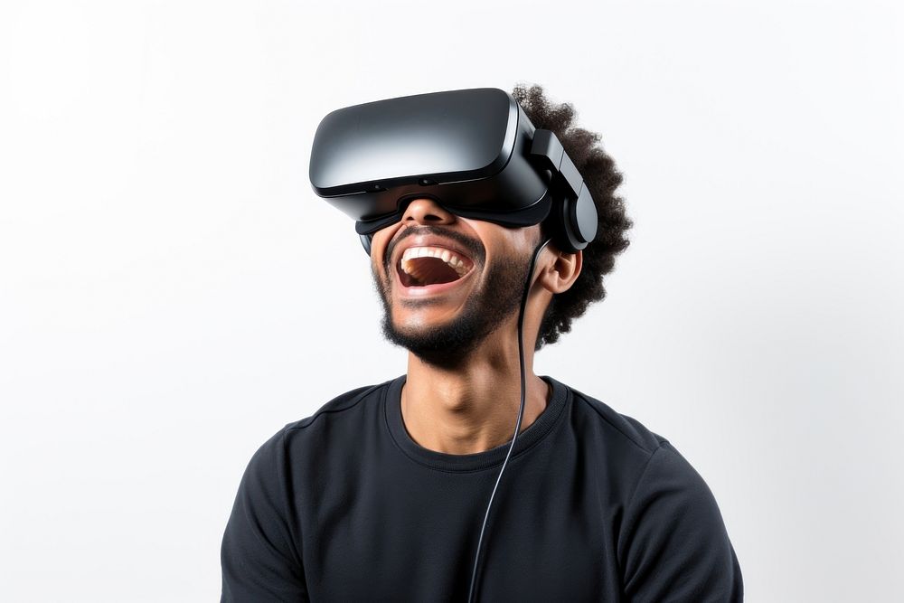 Man experiencing VR portrait smiling white background. AI generated Image by rawpixel.
