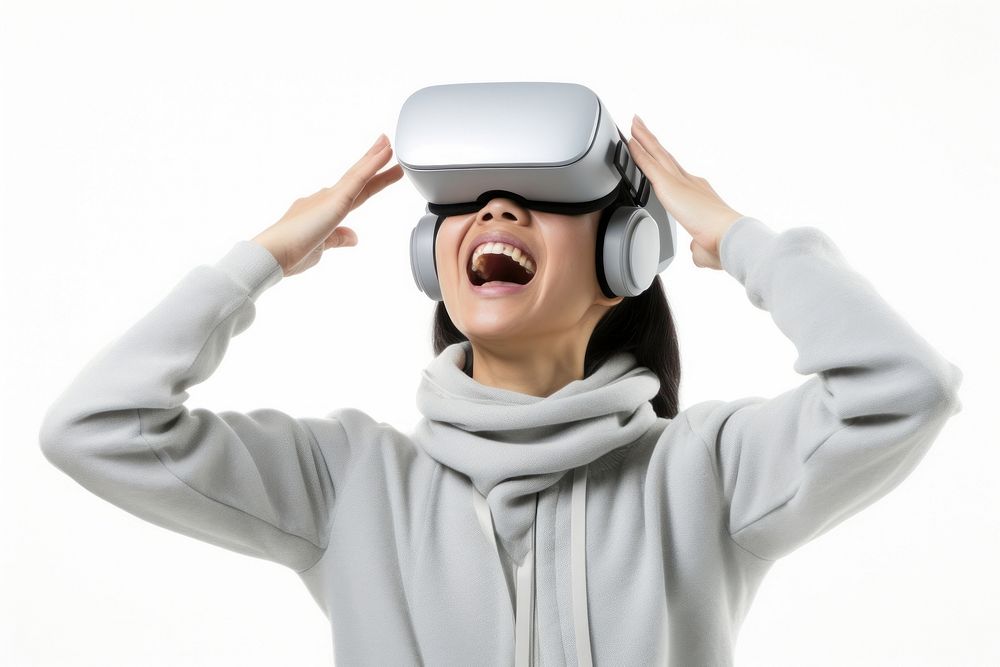 Woman experiencing VR portrait shouting smiling. AI generated Image by rawpixel.