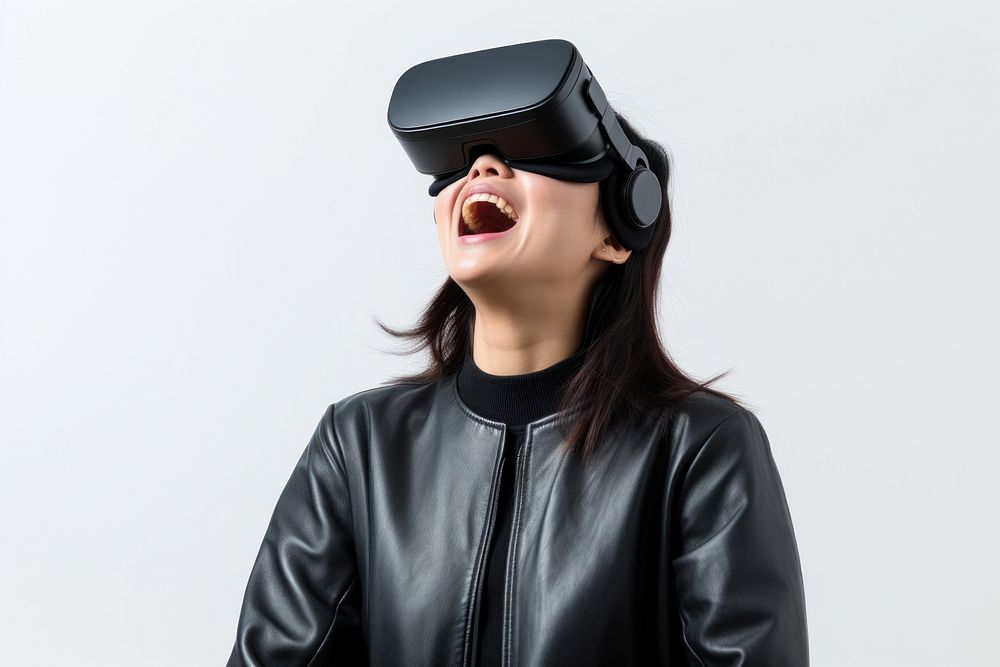 Woman experiencing VR portrait smiling technology. AI generated Image by rawpixel.