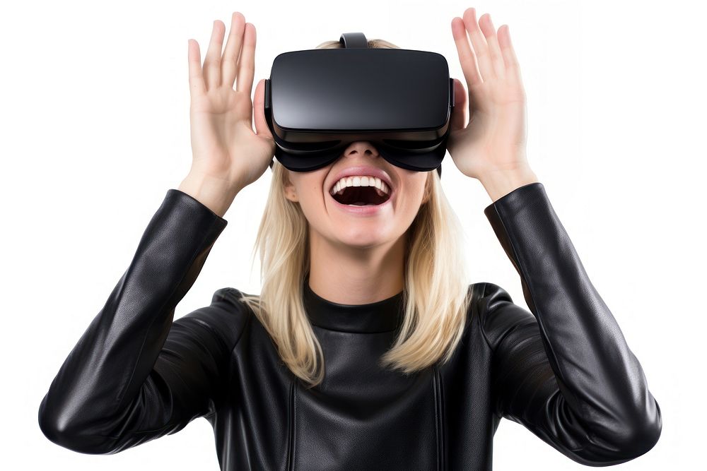 Woman experiencing VR portrait smiling photo. AI generated Image by rawpixel.
