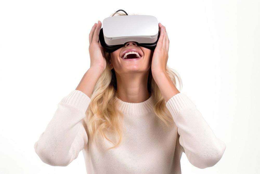 Woman experiencing VR portrait smiling hand. AI generated Image by rawpixel.