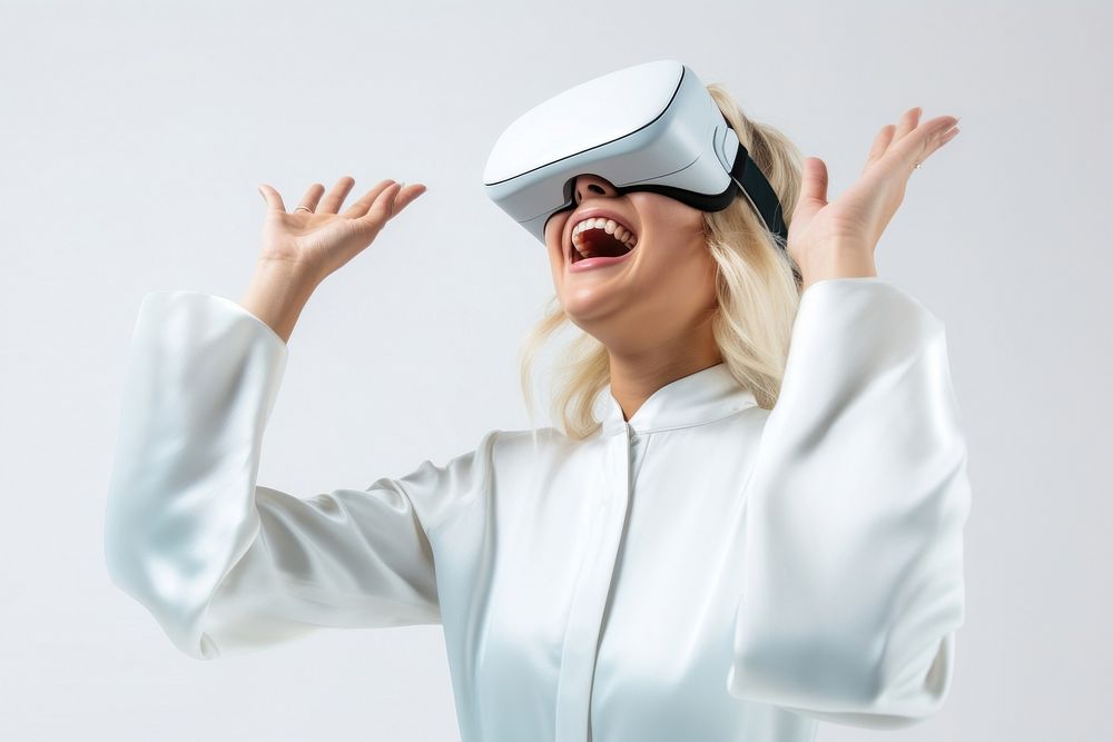 Woman experiencing VR portrait smiling technology. AI generated Image by rawpixel.