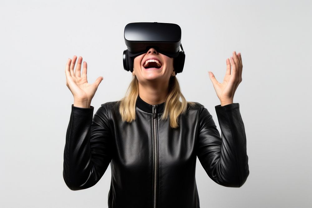 Woman experiencing VR portrait shouting photo. AI generated Image by rawpixel.